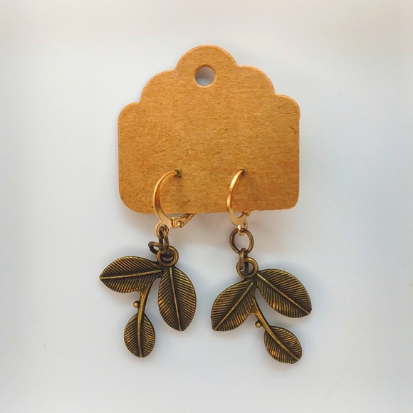 Bronze Triple Leaf Charm Earrings Handmade - Picture 1 of 1